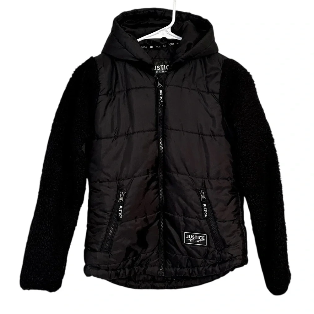 🔥HOST PICK 🔥 Justice Girls Black Puffer Sherpa Jacket Coat L 12/14